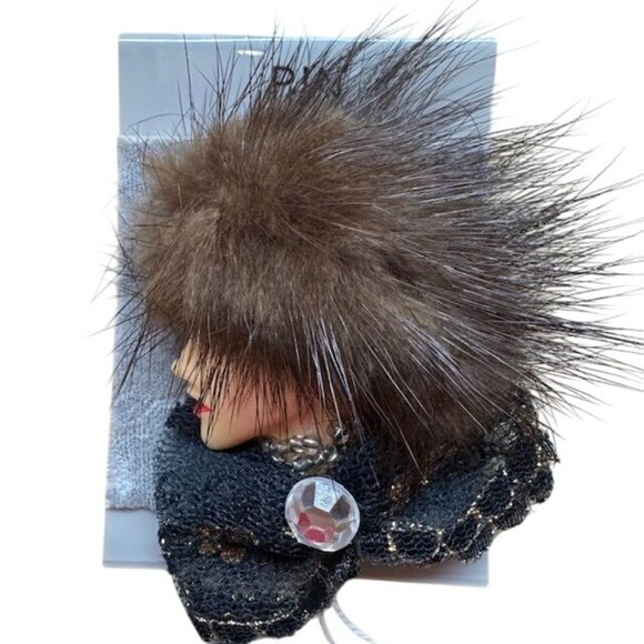 Vintage Faux Fur & Lace Face Brooch With Rhinestone Accent Pin - Picture 7 of 7